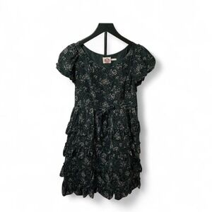 Y2K Juicy Couture Silk Black‎ Floral Ruffle Mini Dress Short Sleeve Party